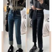 女装 显瘦毛边翻边设计显瘦直筒裤 牛仔裤 弹力修身 2025新款 外贸韩版