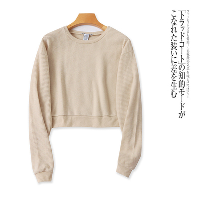 外贸日单女士长袖上衣秋季新款圆领套头弹力宽松时尚百搭短款卫衣