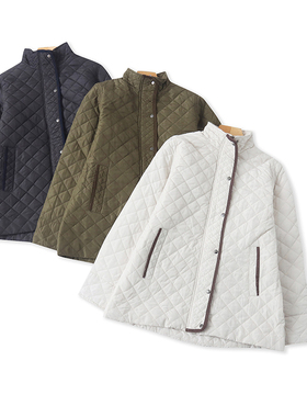 K5596外贸日单女士薄款棉衣冬款立领拼色菱形格绗缝修身百搭棉服