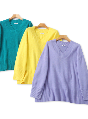 F4630外贸日单慵懒风女士V领毛衣冬季新款时尚松弛感显瘦针织衫