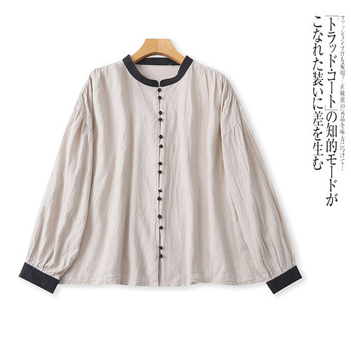 F9136外贸欧美大码胖MM女士长袖衬衫春新款立领拼色宽松显瘦上衣