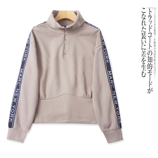 N0325外贸欧美女士加绒卫衣新款 立领半拉链套头拼色宽松加厚外套