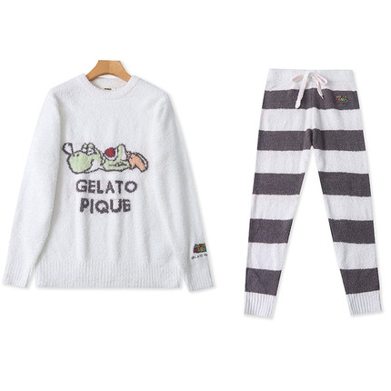 O5201外贸欧美女士毛绒家居服套装新款圆领卡通睡衣松紧腰睡裤