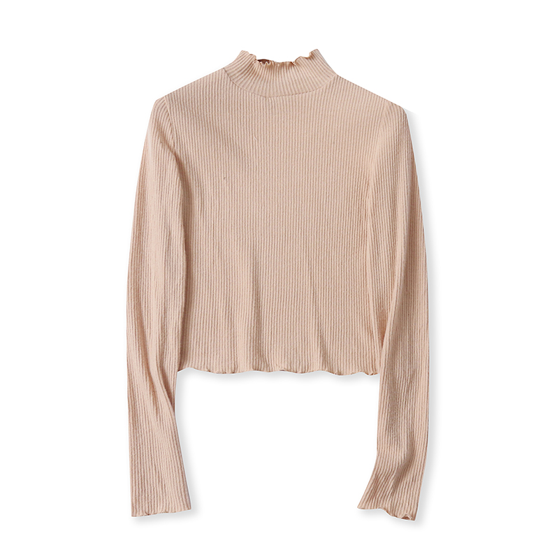 外贸欧美单女装薄款针织衫秋季新款花边半高领修身百搭短款打底衫