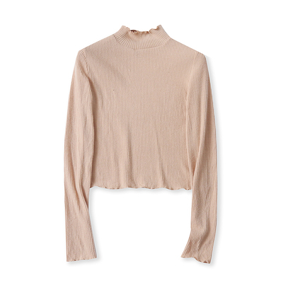 外贸欧美单女装薄款针织衫秋季新款花边半高领修身百搭短款打底衫