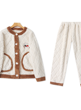 M8654女装毛绒家居服套装冬款法兰绒加厚半圆领睡衣松紧腰睡裤