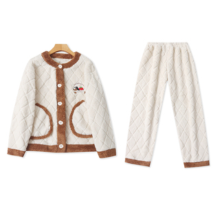 M8654女装毛绒家居服套装冬款法兰绒加厚半圆领睡衣松紧腰睡裤