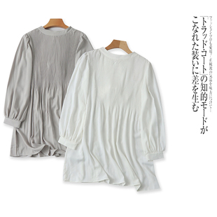 外贸日单女士长袖衬衫春夏新款立领系带宽松洋气减龄中长款小衫