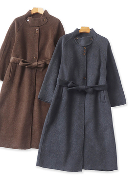 F4586时尚女士羊毛大衣冬季新款立领有扣宽松腰带气质长款呢大衣