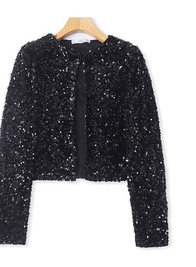 D780外贸欧美单潮流时尚女士亮片开衫新款半圆领宽松短款上衣