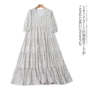 连衣裙春夏新款 七分袖 V领圆点印花长裙 女装 FF5498外贸欧美单时尚