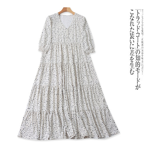 FF5498外贸欧美单时尚女装七分袖连衣裙春夏新款V领圆点印花长裙