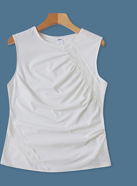 O3366外贸欧美女士无袖上衣夏季新款圆领蕾丝花边拼接修身时尚T恤