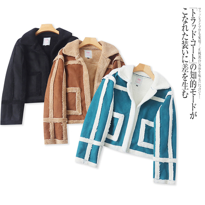 外贸欧美女士加厚外套秋冬新款翻领无扣鸡皮绒拼色加绒短款上衣