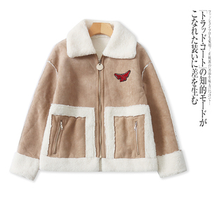 H0112时尚女士皮毛一体外套冬款翻领鸡皮绒拼毛绒拼色加厚上衣