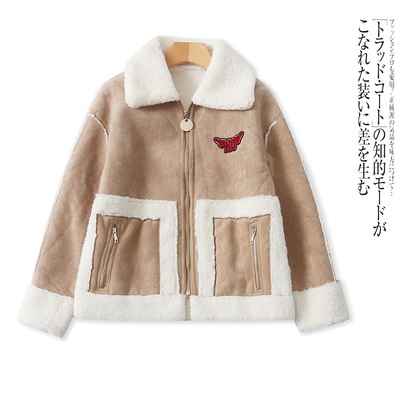 H0112时尚女士皮毛一体外套冬款翻领鸡皮绒拼毛绒拼色加厚上衣