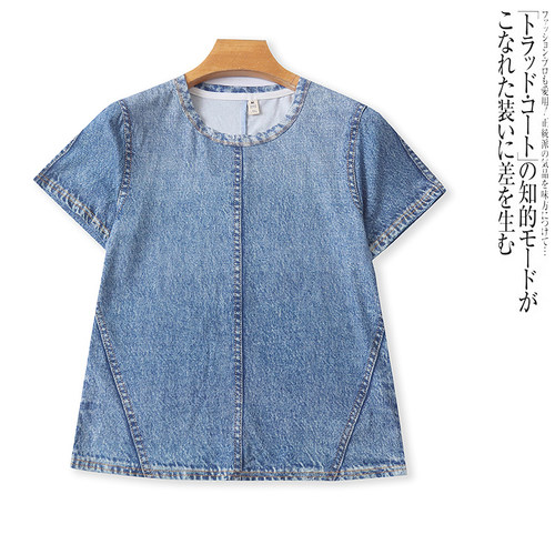 EE5548外贸欧美女士短袖水洗牛仔T恤衫夏季新款圆领套头显瘦上衣