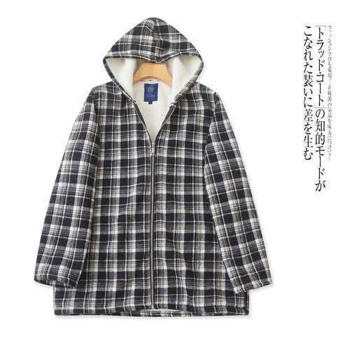 G6458外贸欧美连帽加绒外套女秋冬新款中长款格纹加厚保暖上衣