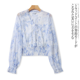 印花高腰显瘦衬衫 花边V领时尚 新款 C9552外贸欧美单女士雪纺衫