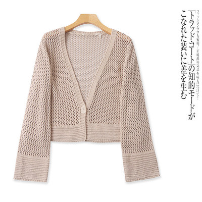O1785外贸欧美单女士针织开衫春季新款V领一粒扣镂空设计短款上衣