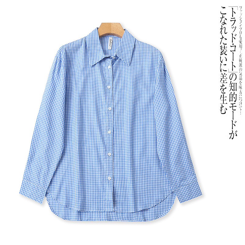 H5620外贸时尚女士长袖衬衫春夏新款格纹衬衣宽松翻领休闲百搭