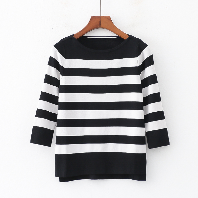 外贸韩版女生针织衫新款圆领套头条纹拼色修身七分袖上衣