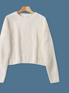 F4553外贸欧美单女士毛衣冬季新款圆领套头宽松慵懒风短款针织衫