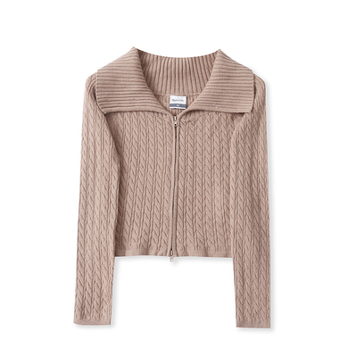 G7258外贸欧美女士针织开衫秋季新款大翻领拉链修身显瘦短款毛衣