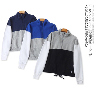 D4930外贸欧美女生卫衣外套新款立领半拉链套头拼色加绒加厚上衣