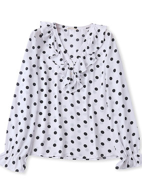 外贸欧美单女装圆点印花衬衫2025秋季新款V领花边套头宽松上衣