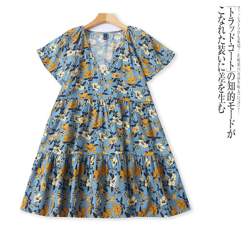 C1962外贸欧美女士连衣裙夏季新款V领喇叭短袖宽松显瘦时尚碎花裙