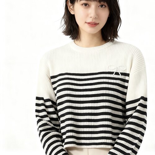 F4550外贸欧美女士毛衣冬季新款圆领套头条纹拼色修身短款针织衫