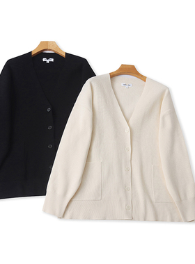 V4885外贸日单女士针织开衫新款V领单排扣宽松慵懒风纯色百搭上衣