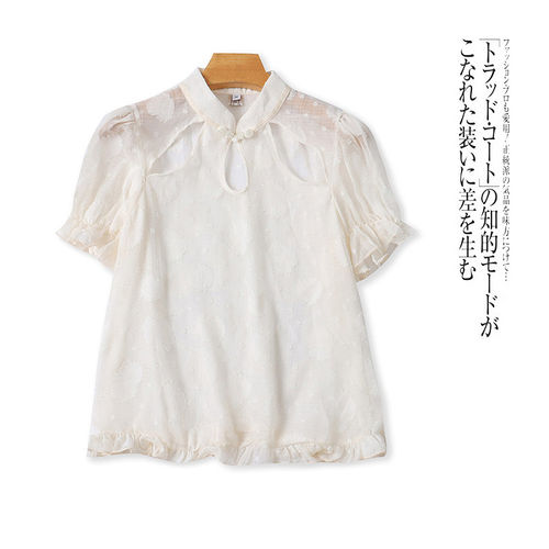 EE5187外贸时尚新中式国风甜美女生雪纺衫夏季新款立领泡泡袖小衫