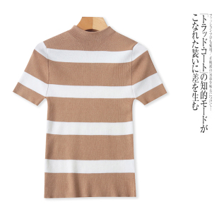 圆领套头撞色条纹修身 A6348外贸欧美女士短袖 新款 春季 上衣 针织衫