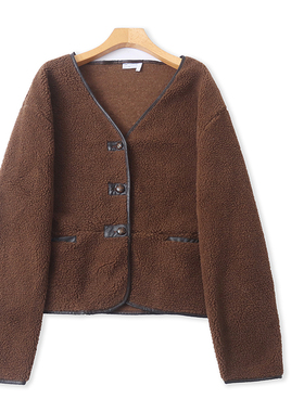 H0358外贸欧美单女士羊羔绒外套秋冬新款V领纽扣宽松韩版时尚上衣