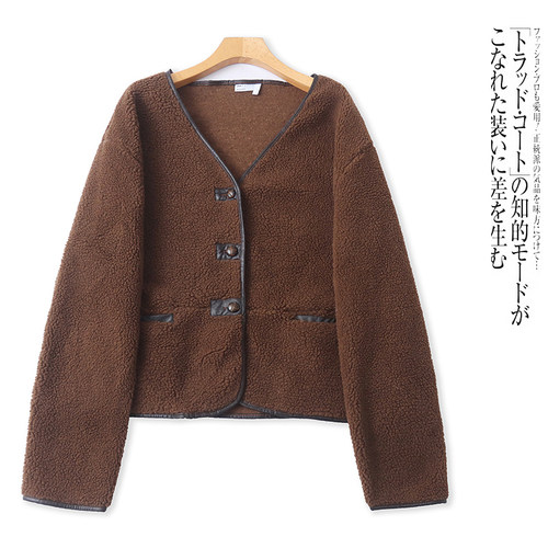 H0358外贸欧美单女士羊羔绒外套秋冬新款V领纽扣宽松韩版时尚上衣