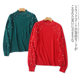 饰宽松针织衫 I4341外贸欧美单女士毛衣秋冬新款 半高圆领珍珠装