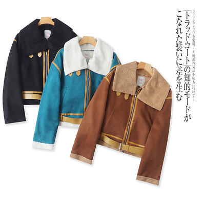 外贸欧美女士加绒外套秋冬季新款翻领鸡皮绒拼色皮毛一体短款上衣