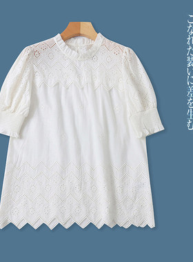 C4555外贸欧美单女士短袖衬衫新款花边圆领套头绣花甜美洋气小衫