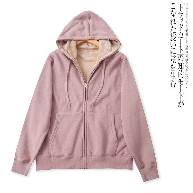 U0158外贸日单女士加绒卫衣外套秋冬新款连帽加厚休闲开衫上衣