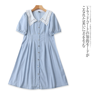 花边翻领排扣甜美中长裙 连衣裙春夏新款 G4539时尚 减龄女生短袖