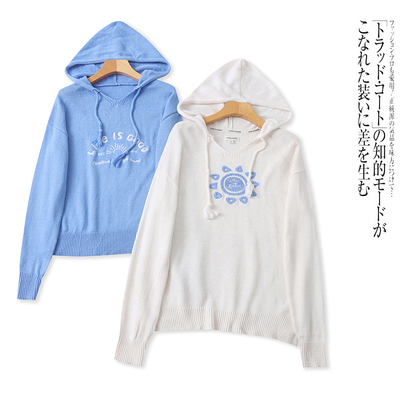 A5285外贸欧美单学院风女生针织衫新款连帽套头宽松百搭线衫毛衣