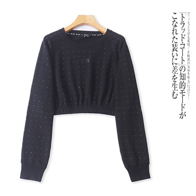 N8550外贸欧美单学院风短款高腰卫衣春季新款圆领宽松时尚上衣女