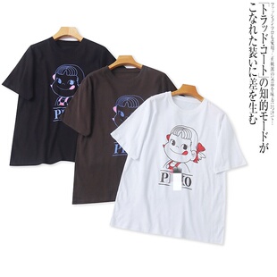 DD6135外贸日单女生学院风短袖 圆领套头卡通印花休闲上衣 T恤新款