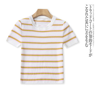 弹力修身 G7858外贸欧美单时尚 新款 针织衫 女士上衣 条纹拼色短袖