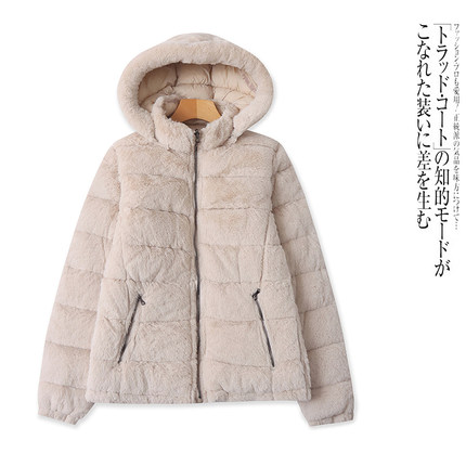 P0889外贸欧美单女士棉衣冬季新款连帽拼毛绒两面穿宽松棉服