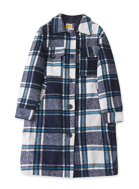 U4361外贸欧美单女士呢大衣新款翻领格子拼色宽松长款毛呢外套