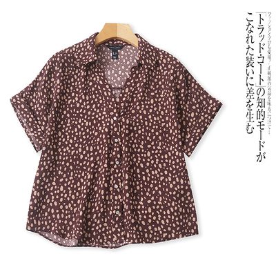 CC6384外贸欧美短袖衬衫新款翻V领纽扣慵懒风宽松大码胖MM衬衣女
