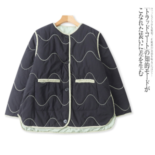 BB5260外贸欧美女装薄款棉衣冬季新款半圆领纽扣拼色宽松时尚棉服